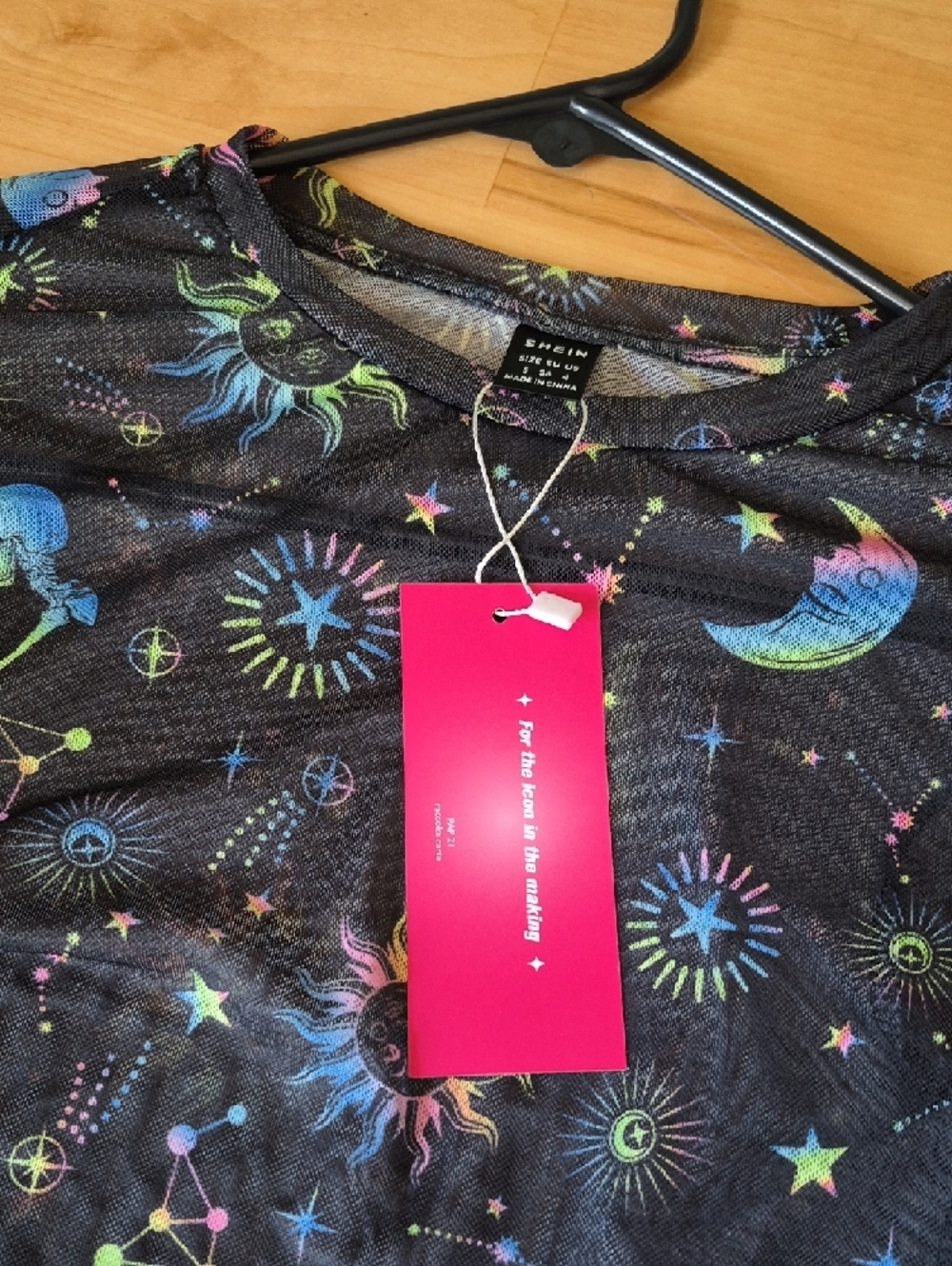 NWT SHEIN Black Sheer Celestial Print Long-Sleeve Mesh Crop Top Y2K SMALL - Picture 2 of 9